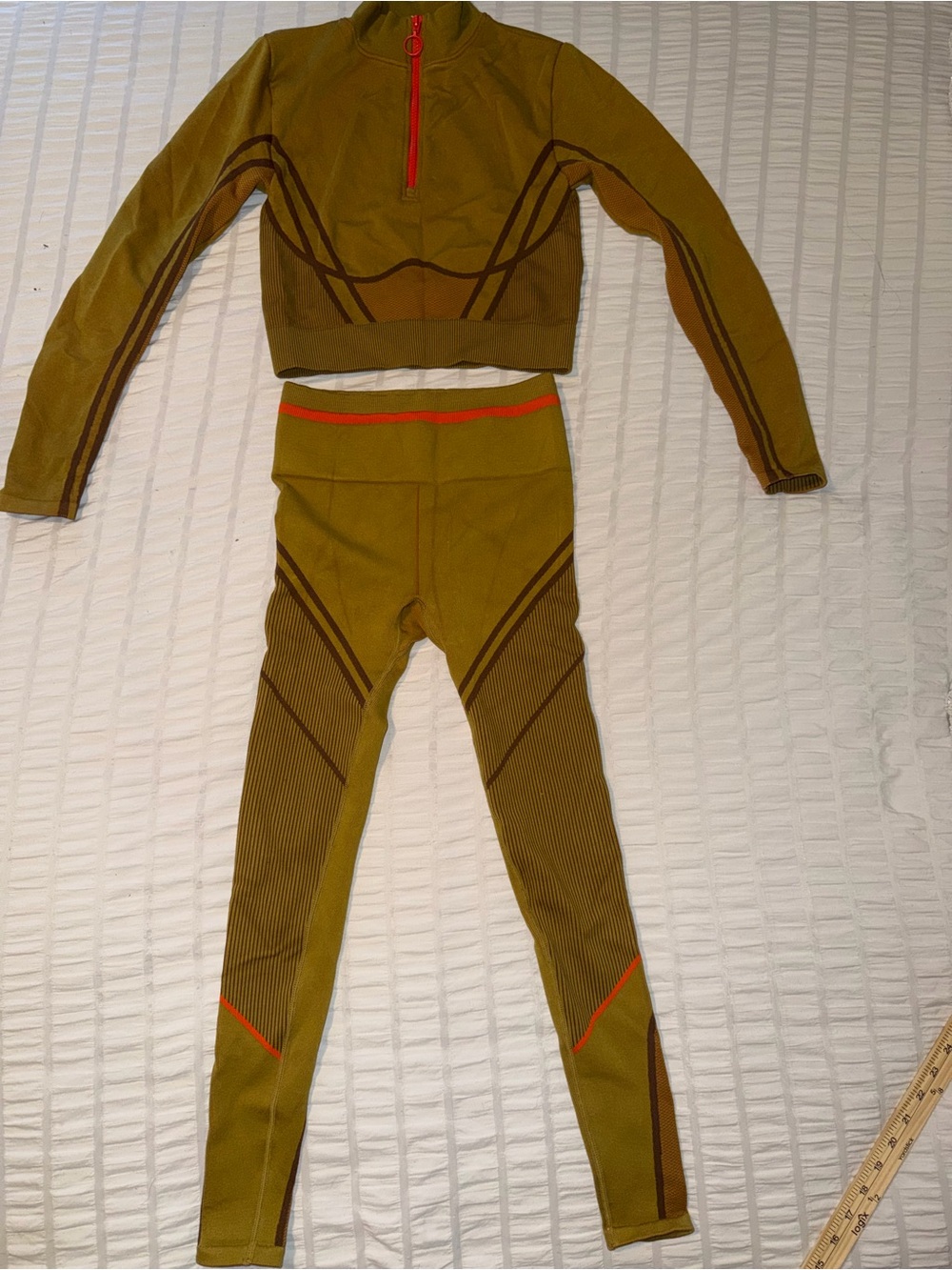 Fabletics Olive Green Two-Piece Active Costume Set with Red Accents
